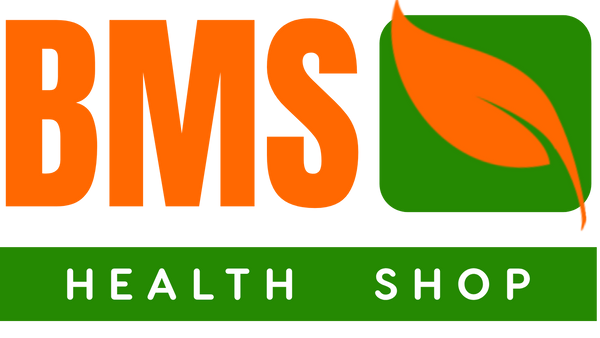 BMS Health Shop logo with orange text and a green leaf on a white background